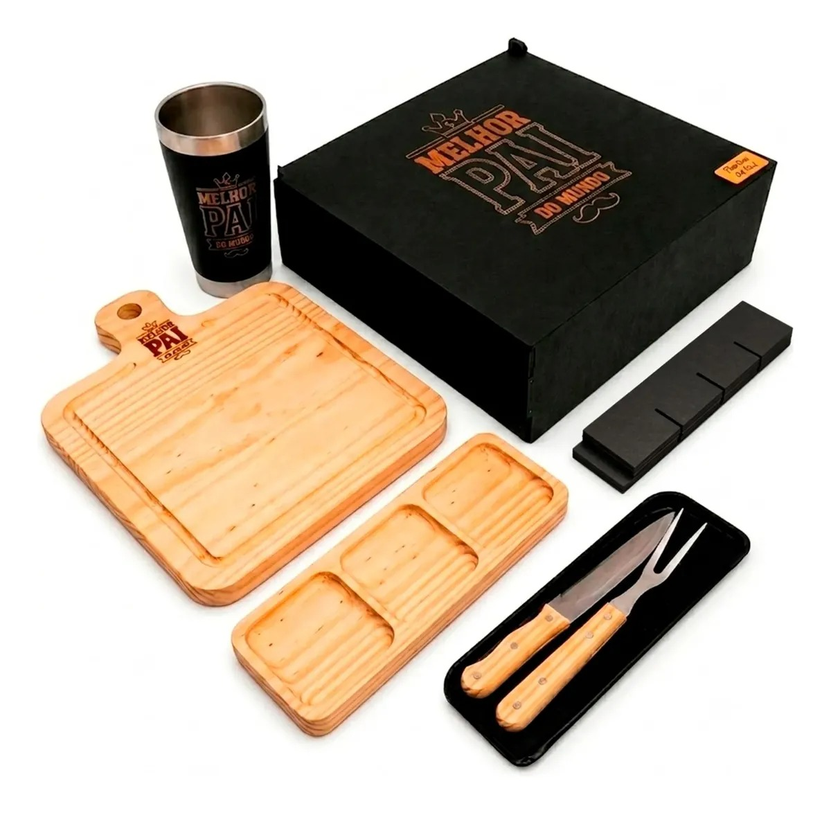 Kit Pinus Dia dos Pais completo com caixa, tábua, copo e utensílios